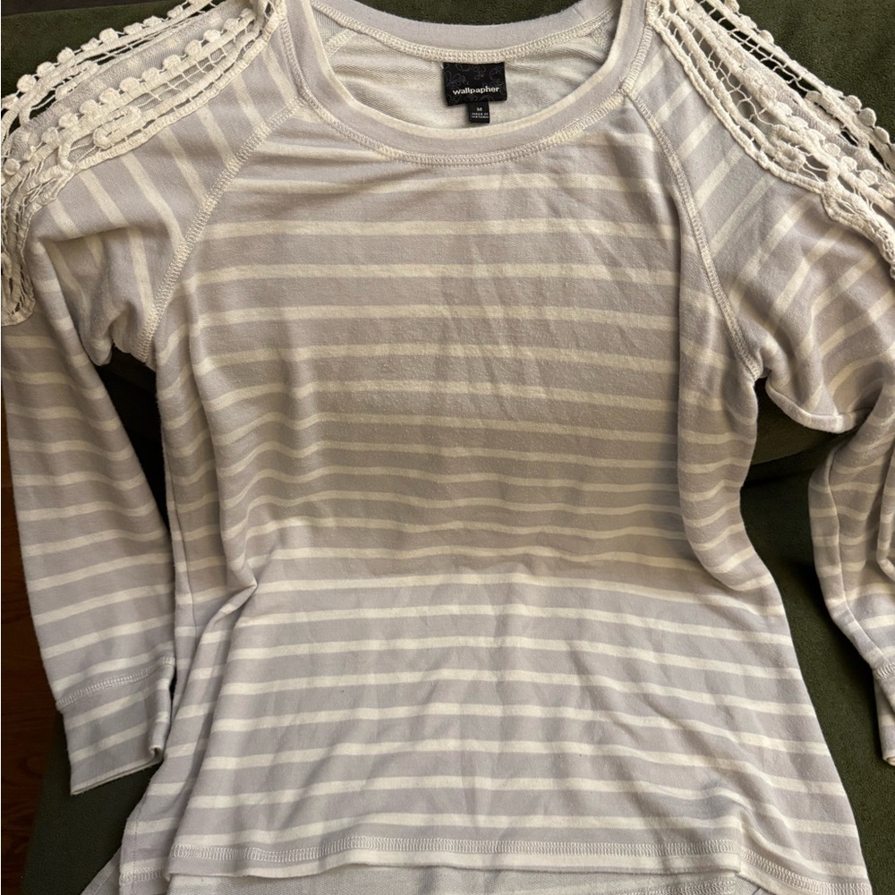 Wallpapher Cream and Gray Striped Long Sleeve Top, lace shit, lace vest, dress